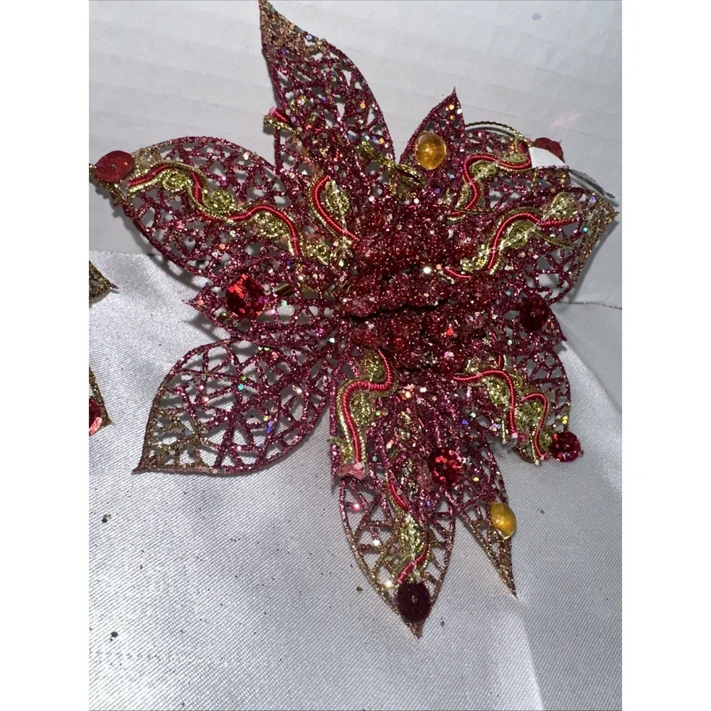 Vtg Pier One Gold Poinsettia Clip On Ornament Embellished Glitter Vintage NEW